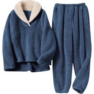 Tanming Womens Fluffy Pajamas Set Fleece Pullover Pants Plush Loungewear Sleepwear(Dark Blue)