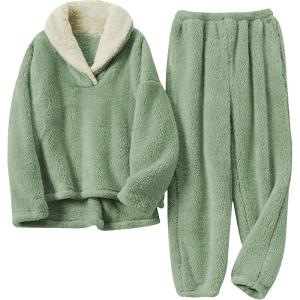 Tanming Womens Fluffy Pajamas Set Fleece Pullover Pants Plush Loungewear Sleepwear(Green)