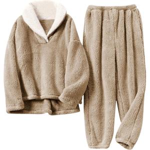 Tanming Womens Fluffy Pajamas Set Fleece Pullover Pants Plush Loungewear Sleepwear(Khaki)