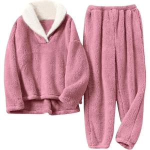 Tanming Womens Fluffy Pajamas Set Fleece Pullover Pants Plush Loungewear Sleepwear(Pink)