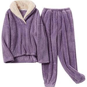 Tanming Womens Fluffy Pajamas Set Fleece Pullover Pants Plush Loungewear Sleepwear(Purple)