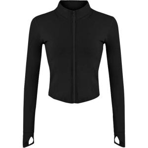 Tanming Women’s Full Zip Seamless Workout Jacket Running Yoga Slim Fit Track Jacket(Black)