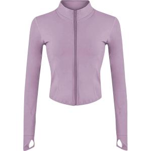Tanming Women’s Full Zip Seamless Workout Jacket Running Yoga Slim Fit Track Jacket(Grey Purple)