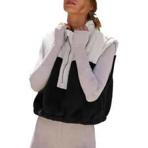 Tanming Womens Fuzzy Sherpa Fleece Vest Lightweight Cozy Sleeveless Gilet Half Zip Pullover Waistcoat with Pocket(Black)