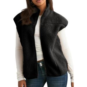 Tanming Womens Fuzzy Sherpa Fleece Vest Lightweight Cozy Sleeveless Gilet Zip Up Jacket with Pockets(Black)