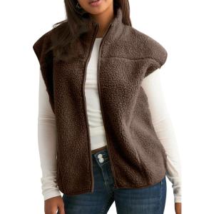 Tanming Womens Fuzzy Sherpa Fleece Vest Lightweight Cozy Sleeveless Gilet Zip Up Jacket with Pockets(Brown)