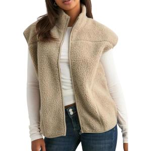 Tanming Womens Fuzzy Sherpa Fleece Vest Lightweight Cozy Sleeveless Gilet Zip Up Jacket with Pockets(Khaki)