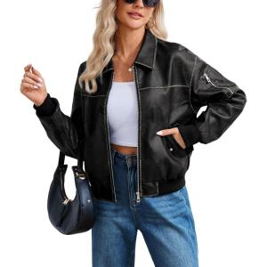 Tanming Womens Leather Jacket Fall Fashion Motorcycle Biker Bomber Jacket Zip Up Winter Coat Outerwear(Black)