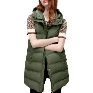 Tanming Women’s Long Puffer Vest Casual Sleeveless Puffy Jacket with Removable Hood(Army Green)