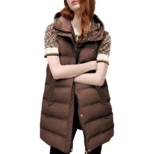 Tanming Women’s Long Puffer Vest Casual Sleeveless Puffy Jacket with Removable Hood(Brown)