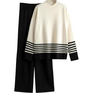 Tanming Women’s Lounge Sets 2 Piece Outfits Knitted Pullover Sweater Tops Wide Leg Pants Tracksuit(Black)