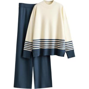 Tanming Women’s Lounge Sets 2 Piece Outfits Knitted Pullover Sweater Tops Wide Leg Pants Tracksuit(Navy)