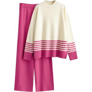Tanming Women’s Lounge Sets 2 Piece Outfits Knitted Pullover Sweater Tops Wide Leg Pants Tracksuit(Rose Red)