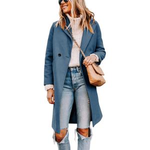 Tanming Women’s Notch Lapel Double Breasted Wool Blend Mid Long Pea Trench Coat(Blue)