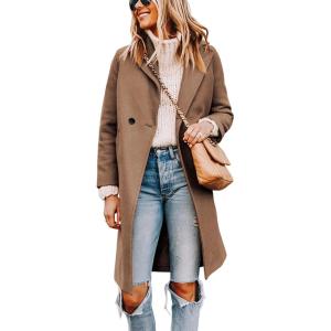 Tanming Women’s Notch Lapel Double Breasted Wool Blend Mid Long Pea Trench Coat(Camel)
