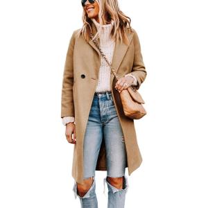 Tanming Women’s Notch Lapel Double Breasted Wool Blend Mid Long Pea Trench Coat(Khaki)