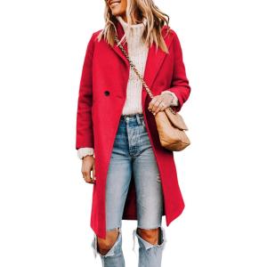 Tanming Women’s Notch Lapel Double Breasted Wool Blend Mid Long Pea Trench Coat(Red)
