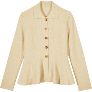 Tanming Womens Peplum Cardigan Solid Long Sleeve Shirt Collar Open Front Button Down Outwear Sweater Tops(Beige)
