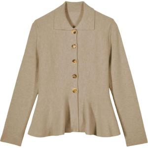 Tanming Womens Peplum Cardigan Solid Long Sleeve Shirt Collar Open Front Button Down Outwear Sweater Tops(Khaki)