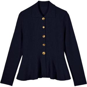 Tanming Womens Peplum Cardigan Solid Long Sleeve Shirt Collar Open Front Button Down Outwear Sweater Tops(Navy)