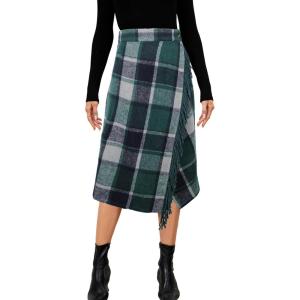 Tanming Womens Plaid Fringed Midi Skirt A Line Warm Wool Wrap Skirt Fall Winter Tartan Dress(Green)