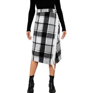 Tanming Womens Plaid Fringed Midi Skirt A Line Warm Wool Wrap Skirt Fall Winter Tartan Dress(Grey)