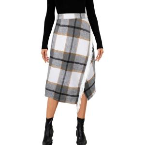 Tanming Womens Plaid Fringed Midi Skirt A Line Warm Wool Wrap Skirt Fall Winter Tartan Dress(Light Grey)