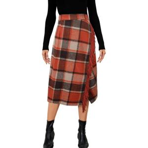 Tanming Womens Plaid Fringed Midi Skirt A Line Warm Wool Wrap Skirt Fall Winter Tartan Dress(Orange)