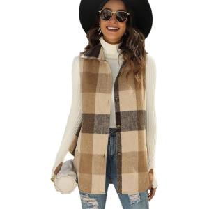 Tanming Women’s Plaid Vest Brushed Flannel Sleeveless Shacket Shirt Jacket with Pockets(Brown)