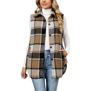 Tanming Women’s Plaid Vest Brushed Flannel Sleeveless Shacket Shirt Jacket with Pockets(Brown Black)