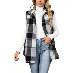 Tanming Women’s Plaid Vest Brushed Flannel Sleeveless Shacket Shirt Jacket with Pockets(Dark Grey)