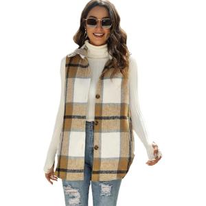 Tanming Women’s Plaid Vest Brushed Flannel Sleeveless Shacket Shirt Jacket with Pockets(Khaki)