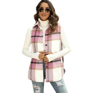 Tanming Women’s Plaid Vest Brushed Flannel Sleeveless Shacket Shirt Jacket with Pockets(Pink)