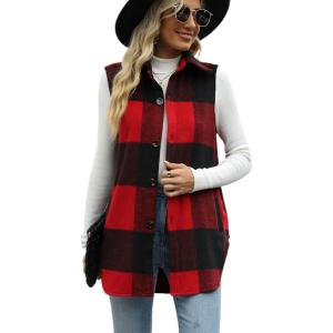 Tanming Women’s Plaid Vest Brushed Flannel Sleeveless Shacket Shirt Jacket with Pockets(Red Black)