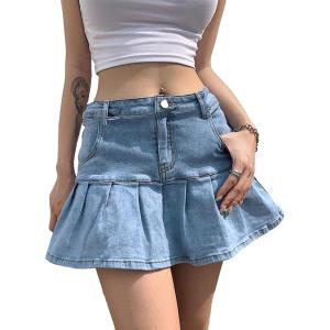 Tanming Women’s Pleated Jean Skirt Casual A-Line Ruffle Y2K Mini Denim Skirt(Light Blue)