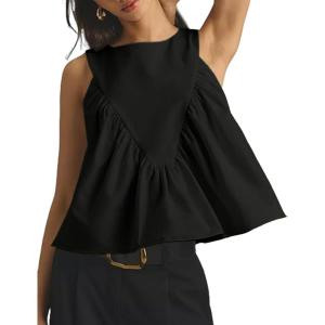Tanming Womens Sleeveless Peplum Top Swing Tank Loose Fit Back Button Casual Blouse Ruffled Shirts(Black)