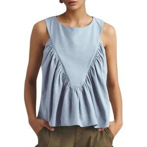 Tanming Womens Sleeveless Peplum Top Swing Tank Loose Fit Back Button Casual Blouse Ruffled Shirts(Blue)