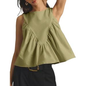 Tanming Womens Sleeveless Peplum Top Swing Tank Loose Fit Back Button Casual Blouse Ruffled Shirts(Green)