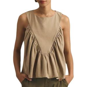 Tanming Womens Sleeveless Peplum Top Swing Tank Loose Fit Back Button Casual Blouse Ruffled Shirts(Khaki)