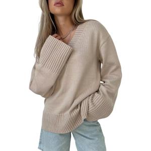 Tanming Women’s Sweater Long Sleeve V Neck Casual Jumper Tops Knitted Comfy Loose Pullover Sweater(Khaki)