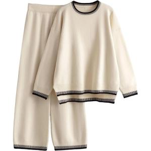 Tanming Women’s Sweater Sets 2 Piece Outfits Knitted Pullover Jumper and Wide Leg Pants Tracksuit(Beige)