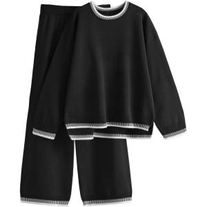 Tanming Women’s Sweater Sets 2 Piece Outfits Knitted Pullover Jumper and Wide Leg Pants Tracksuit(Black)