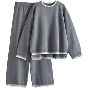 Tanming Women’s Sweater Sets 2 Piece Outfits Knitted Pullover Jumper and Wide Leg Pants Tracksuit(Grey)