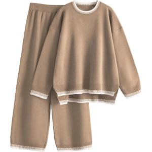 Tanming Women’s Sweater Sets 2 Piece Outfits Knitted Pullover Jumper and Wide Leg Pants Tracksuit(Khaki)