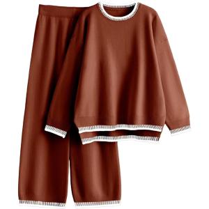Tanming Women’s Sweater Sets 2 Piece Outfits Knitted Pullover Jumper and Wide Leg Pants Tracksuit(Rust)