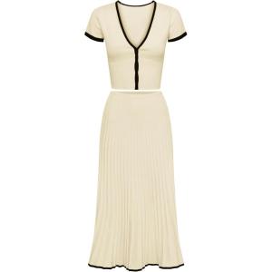 Tanming Women’s Two Piece Skirt Set Casual Short Sleeve Crop Top Ribbed Knit Midi Pleated Skirt(Beige)