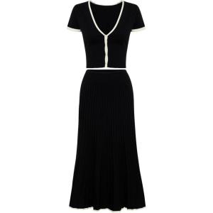 Tanming Women’s Two Piece Skirt Set Casual Short Sleeve Crop Top Ribbed Knit Midi Pleated Skirt(Black)