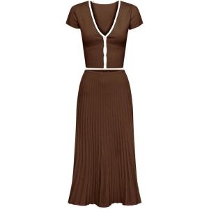 Tanming Women’s Two Piece Skirt Set Casual Short Sleeve Crop Top Ribbed Knit Midi Pleated Skirt(Brown)