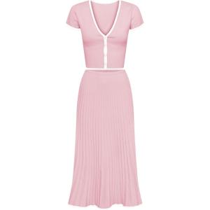 Tanming Women’s Two Piece Skirt Set Casual Short Sleeve Crop Top Ribbed Knit Midi Pleated Skirt(Pink)
