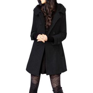 Tanming Women’s Warm Double Breasted Wool Pea Coat Trench Coat Jacket with Hood(Black)